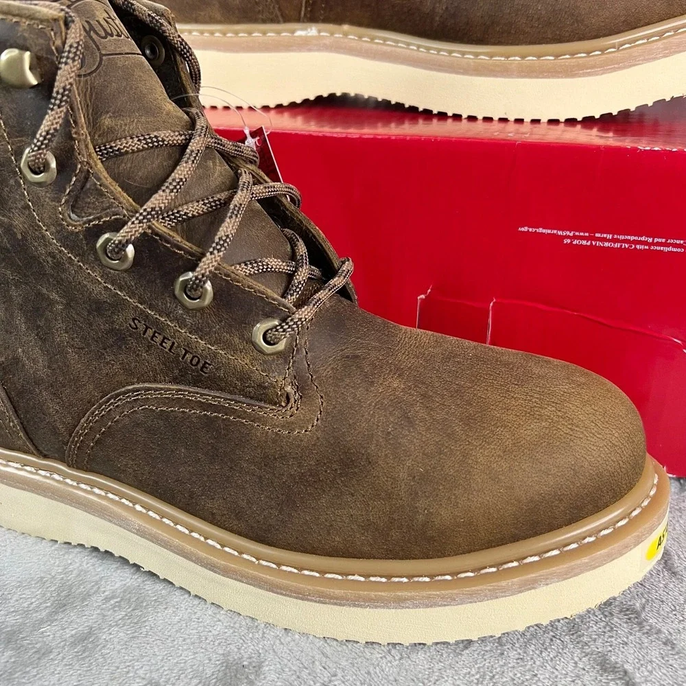 Justin‎ Steel Toe Work Boots Mens 9.5D Brown Leather Lace Up Wedge Sole Safety